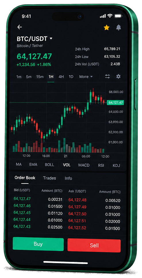 Plataforma de trading Peña Inveranza en móvil — gráficos BTC/USDT en tiempo real, libro de órdenes e interfaz para comprar y vender